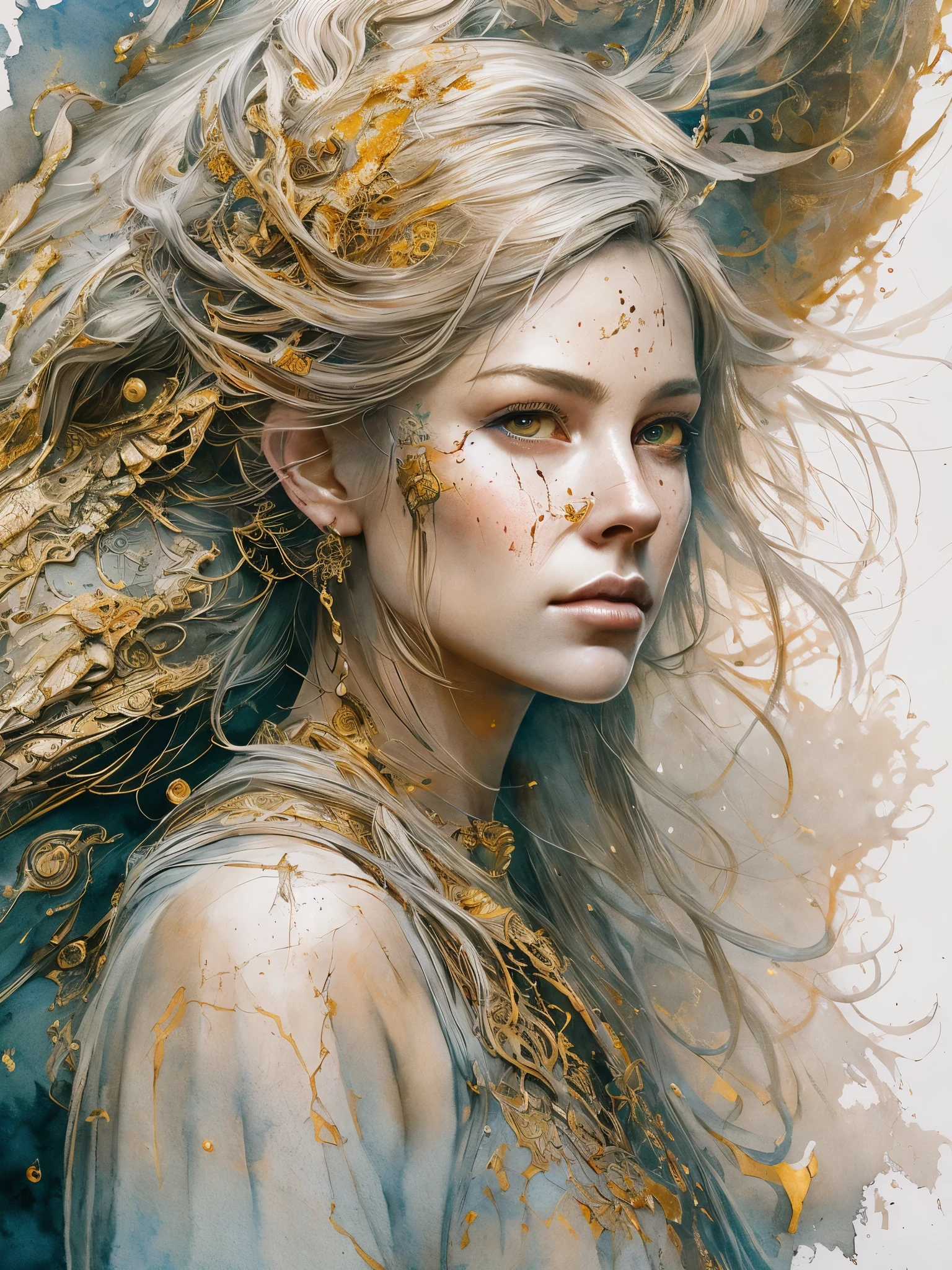 female with a young dragon behind her shoulder. Full body, Detailed face, detailed eyes. line art watercolor wash, ethereal background, abstract beauty,stand, approaching perfection, pure form, golden ratio, minimalistic, unfinished, concept art, by Brian Froud and Carne Griffiths and Wadim Kashin and John William Waterhouse, intricate details, 8k post production, high resolution, hyperdetailed, sharp focus, studio photo, intricate details, highly detailed, by greg rutkowski