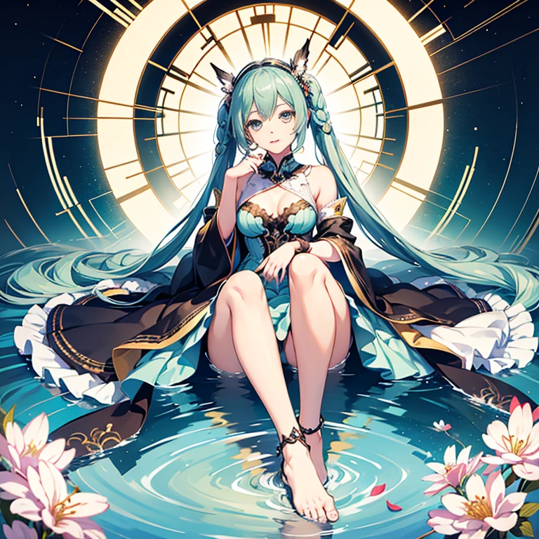 hatsuneMiku、(ultra Realistic), (An illustration), (Highres), (8K), (highlydetailed), (the best illustration), (Beautiful Detailed Eyes), (beste Quality), (Super Detailed), (Master peace、), (Wallpapers), (Detailed Face), solo, 1girl, Aristocratic dresses、White hair, Iris heterochromatic eyes, small moles under eye,  medium chest, Long legs,Stunning composition,Foot braids、Beautiful and detailed legs