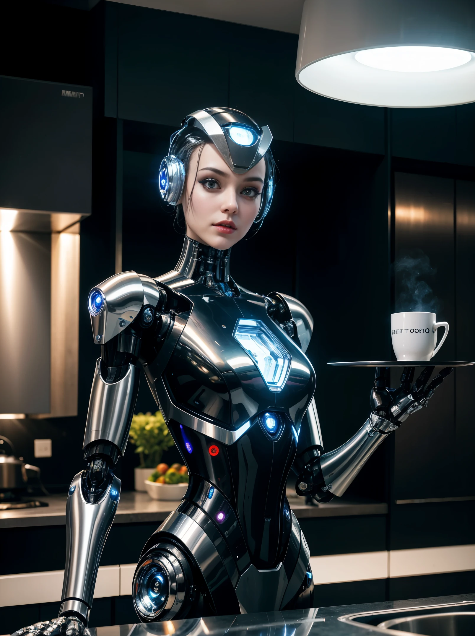 A close up of a woman in a robot suit holding a cup - SeaArt AI