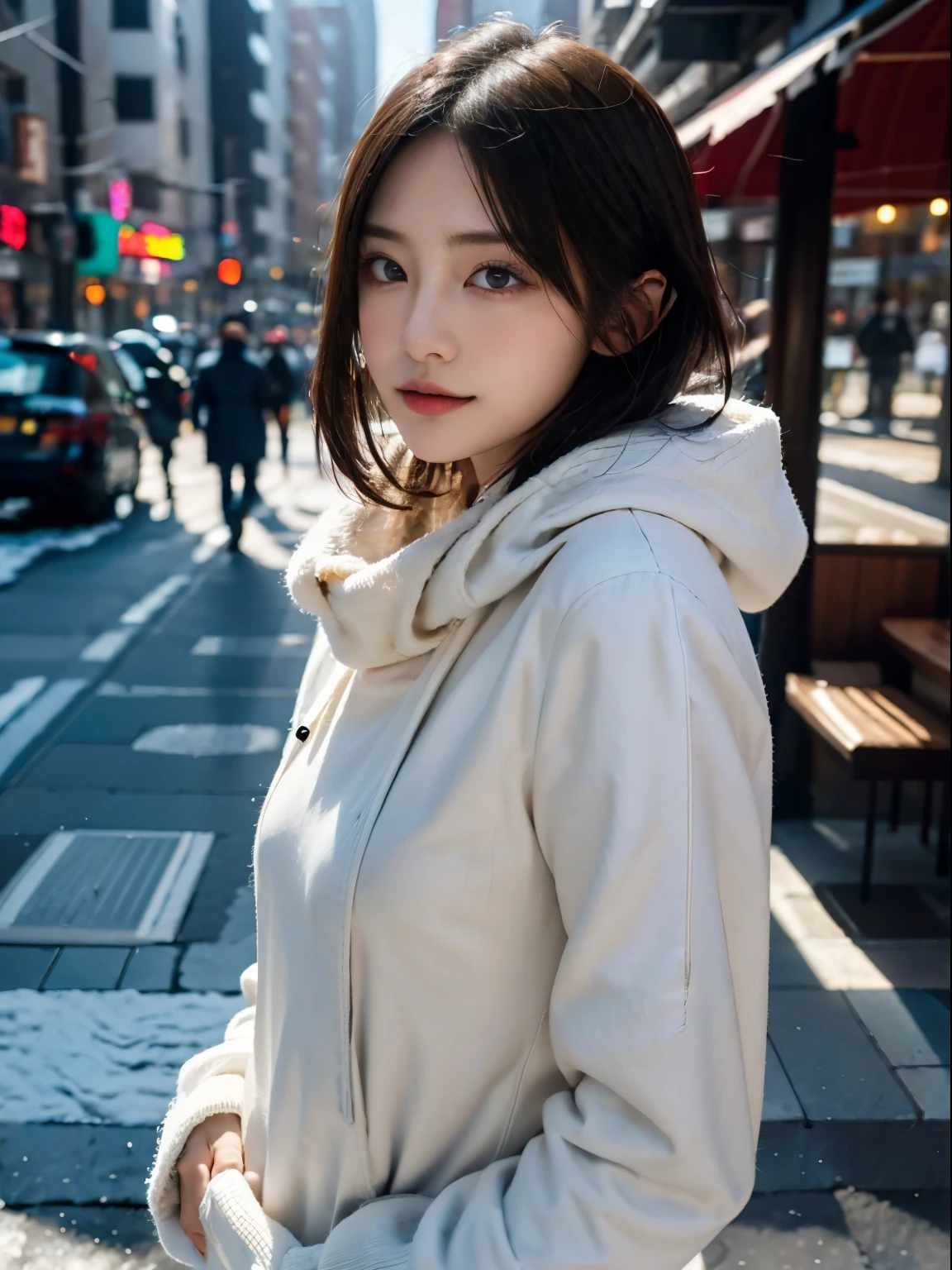 Rua movimentada、Neve caíndo、vestindo um casaco de inverno、A respiração exalada é branca、qualidade máxima、hiper HD、Yoshitomo Nara, Modelos Japoneses, Linda esposa japonesa com cabelo curto, 27 anos女性モデル, 4k ], 4K], 27 anos, Sakimichan, Sakimichan