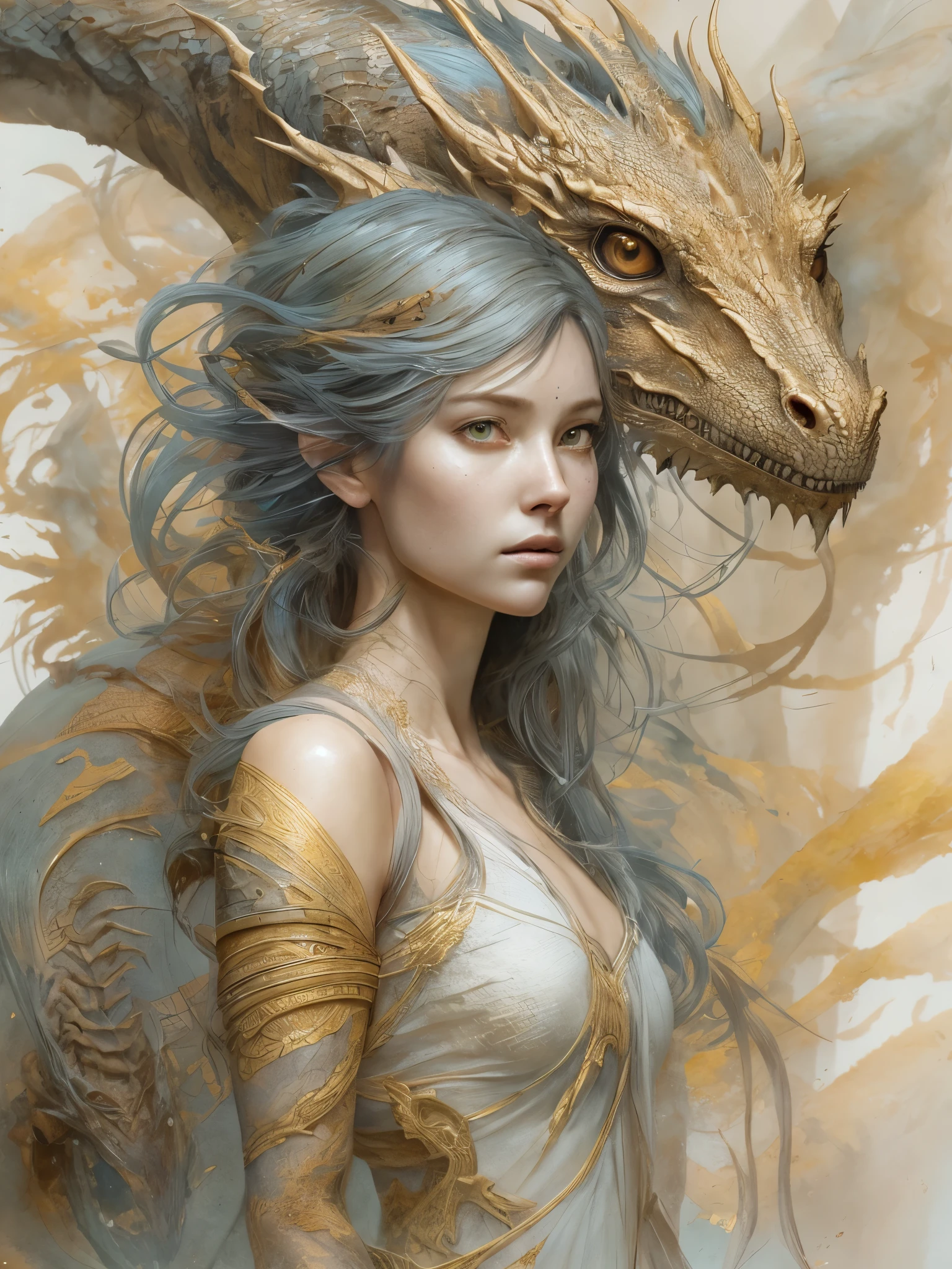 female with a young dragon behind her shoulder. Full body, Detailed face, detailed eyes. line art watercolor wash, ethereal background, abstract beauty,stand, approaching perfection, pure form, golden ratio, minimalistic, unfinished, concept art, by Brian Froud and Carne Griffiths and Wadim Kashin and John William Waterhouse, intricate details, 8k post production, high resolution, hyperdetailed, sharp focus, studio photo, intricate details, highly detailed, by greg rutkowski