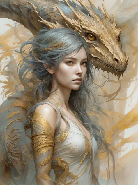 female with a young dragon behind her shoulder. full body, detailed face, detailed eyes. line art watercolor wash, ethereal back...