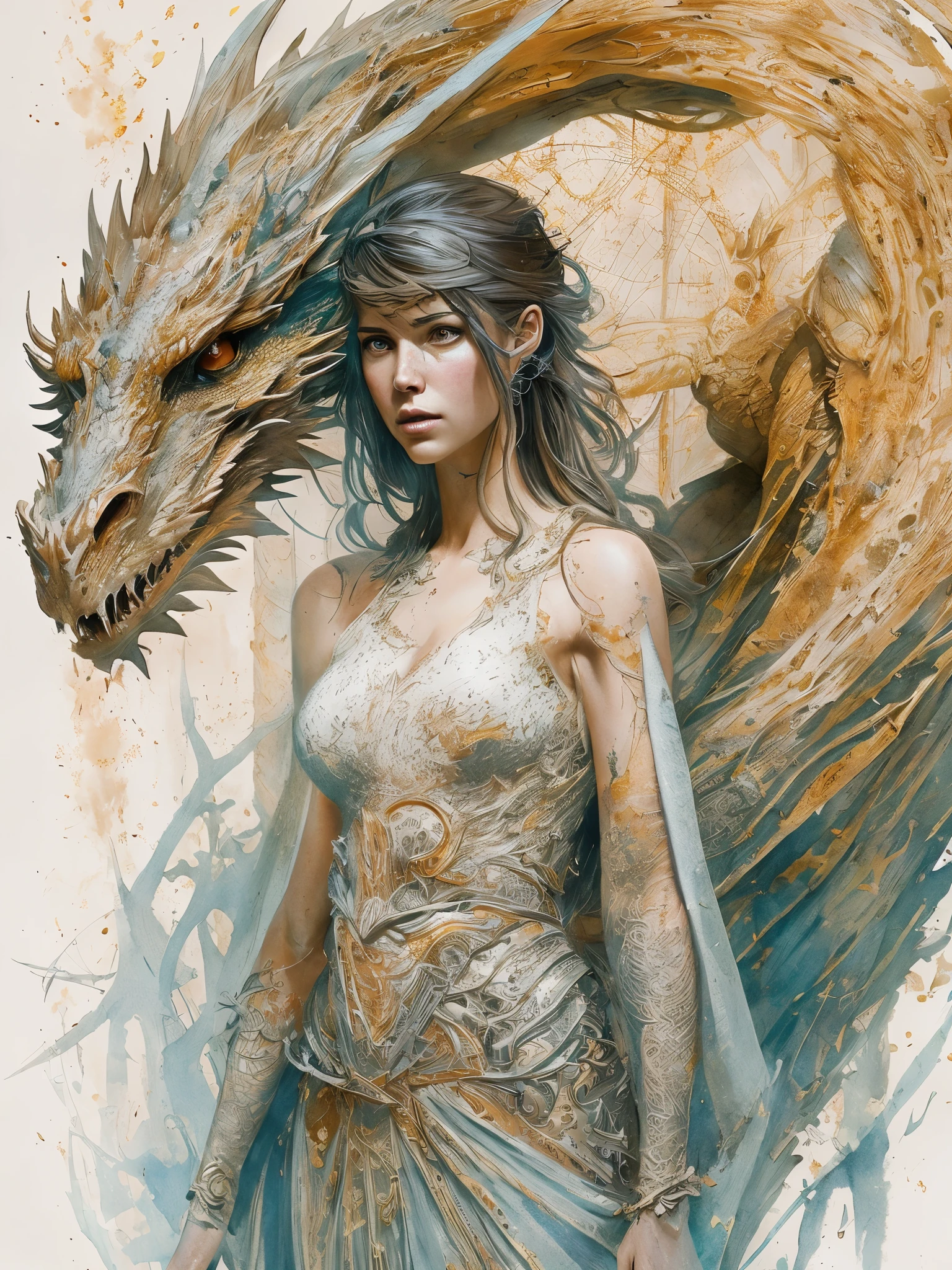 female with a young dragon behind her shoulder. Full body, Detailed face, detailed eyes. line art watercolor wash, ethereal background, abstract beauty,stand, approaching perfection, pure form, golden ratio, minimalistic, unfinished, concept art, by Brian Froud and Carne Griffiths and Wadim Kashin and John William Waterhouse, intricate details, 8k post production, high resolution, hyperdetailed, sharp focus, studio photo, intricate details, highly detailed, by greg rutkowski