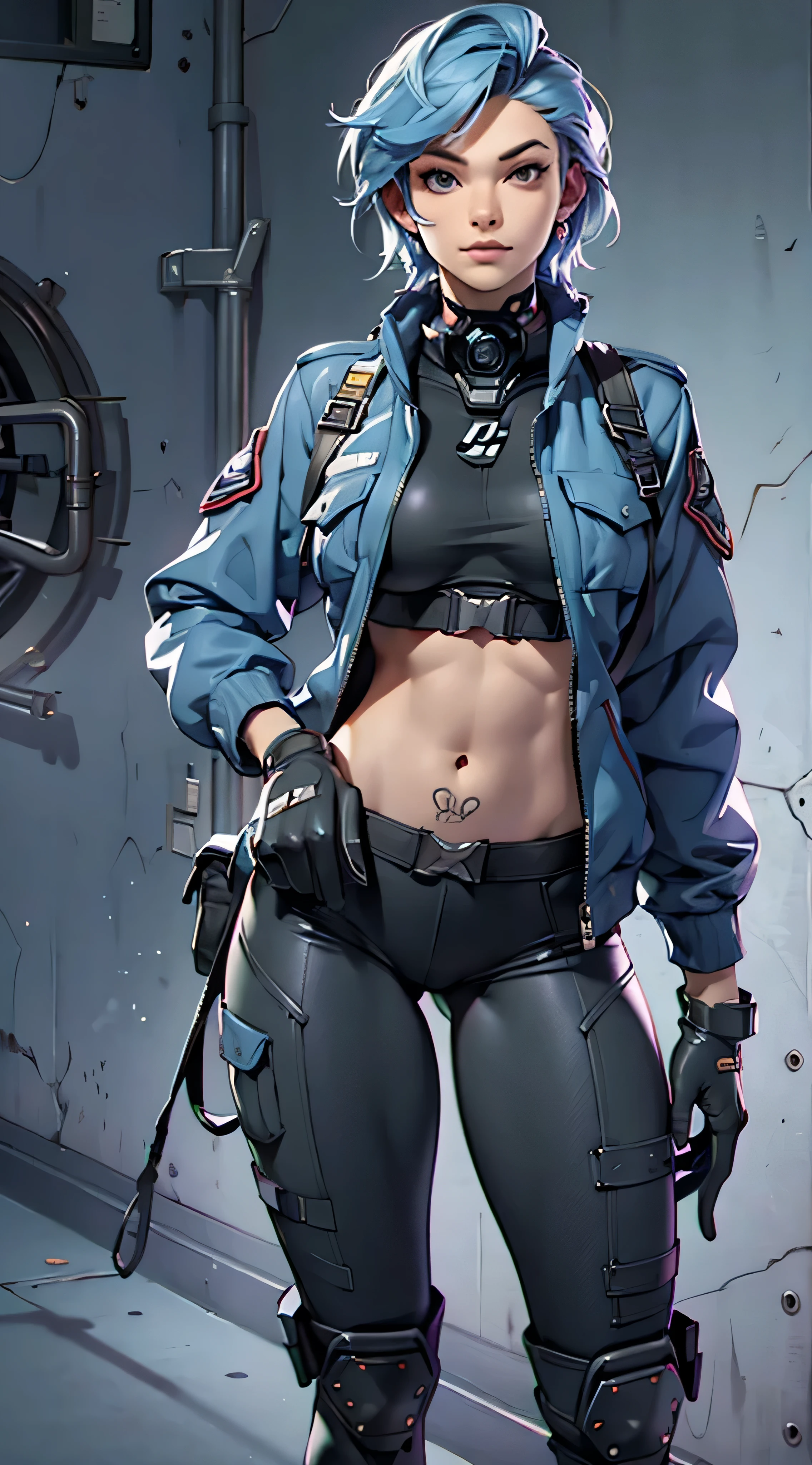 11:23(((Best quality: 1.4))),(Unbeatable masterpiece), (hyper HD),(Hyper-realistic 8k CG)、（one hand on hip gesture），（lightblue hair） ((( body))), (((1 girl in))), 25-year-old American soldier with perfect body,,Beautiful and well groomed face,muscular body:1.2,Solid royal blue jacket with details, (Pictures from head to thighs)， Complex equipment, purpleish color，long trousers，The clothes inside are dark，Clothes with armored metal electronic parts, Poison tattoos )