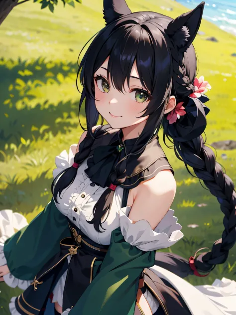 Outdoors, 1 girl, View from above, Upper body, Asasato, Long hair, half updo, braid, hair between eye, Animal ears, ear ornament, Horse tail, breasts, frilld, Black Ascot, Green dress, (sleeves past wrists:1.2), black thighhighs, upward looking gaze, Smile