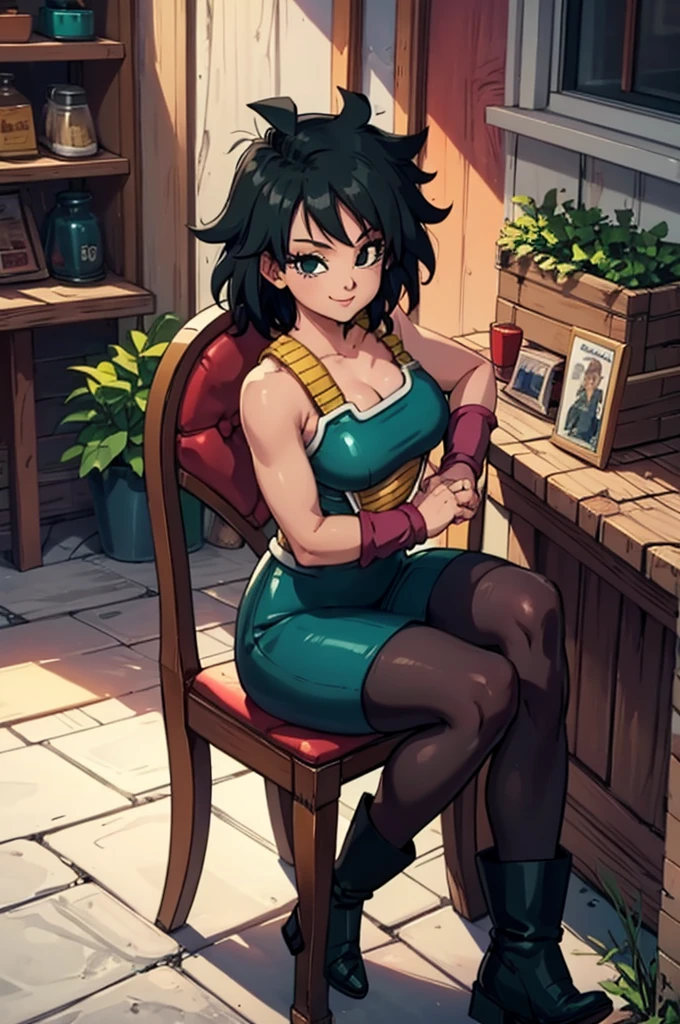 masterpiece, best quality, gine, saiyan armor, green skirt, wristband, black pantyhose, tail, white boots, sitting, city, house, front porch, looking at viewer, smile, chair