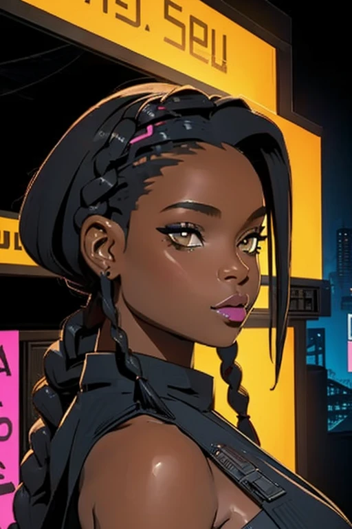 (master part, melhor qualidade), Deep Ebony 1girl, beautiful face, Braids hanging freely, corpo inteiro, nsfw seios muito grandes, nsfw moda cyberpunk, nsfw moda cyberpunk