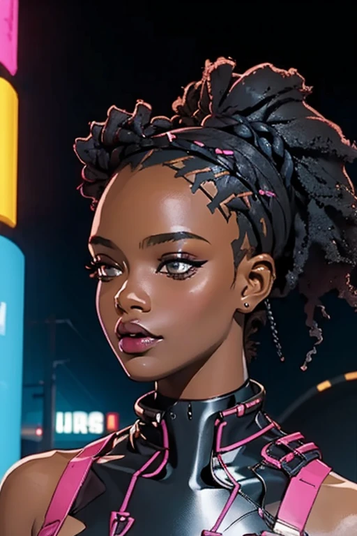 (master part, best qualityer), Deep Ebony 1girl, beautiful face, Braids hanging freely, fully body, nsfw very big breasts, nsfw moda cyberpunk, nsfw moda cyberpunk