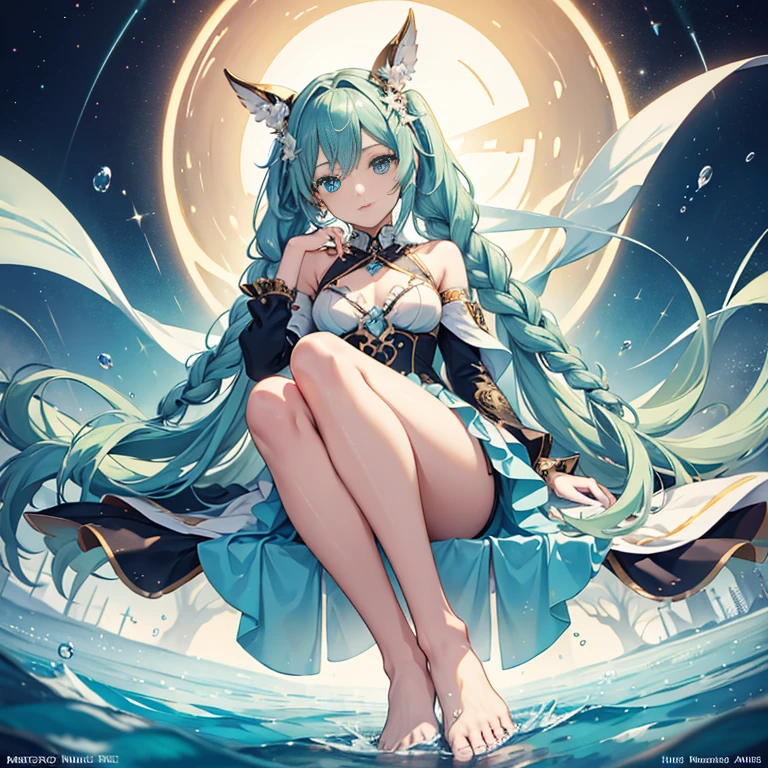 初音ミク、(超リアル), (イラスト), (高解像度), (8K), (非常に詳細な), (最高のイラスト), (美しい細部までこだわった目), (最高品質), (非常に詳細な), (マスターピース), (壁紙), (詳細な顔), 一人で, 1人の女の子, 貴族のドレス、白髪, 虹彩異色眼, 目の下の小さなほくろ, 中胸, 長い脚,見事な構成,足の編み込み,美しく精巧な脚