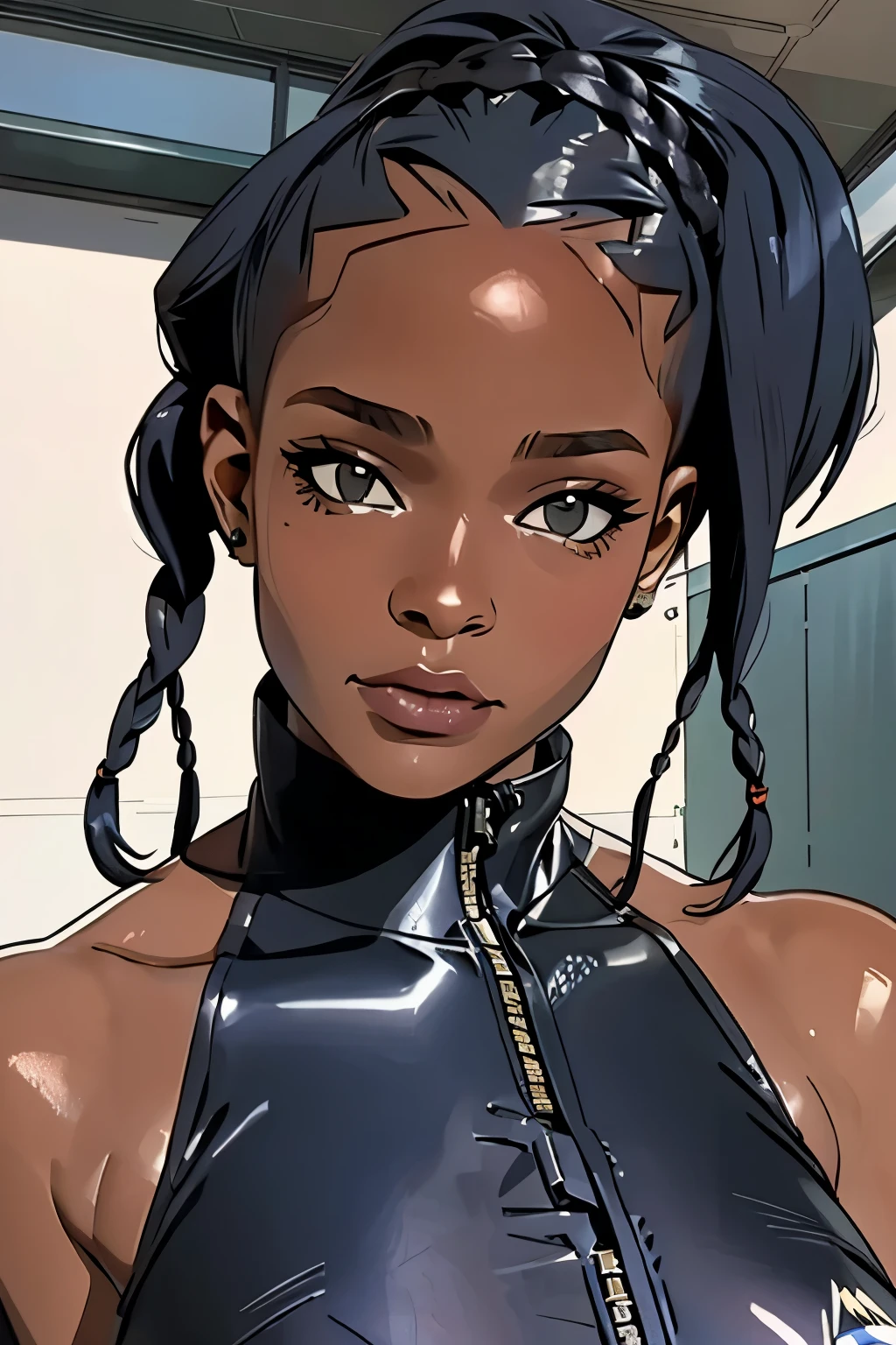 (master part, best qualityer), Deep Ebony 1girl, beautiful face, Braids hanging freely, fully body, nsfw very big breasts, nsfw moda cyberpunk, nsfw moda cyberpunk