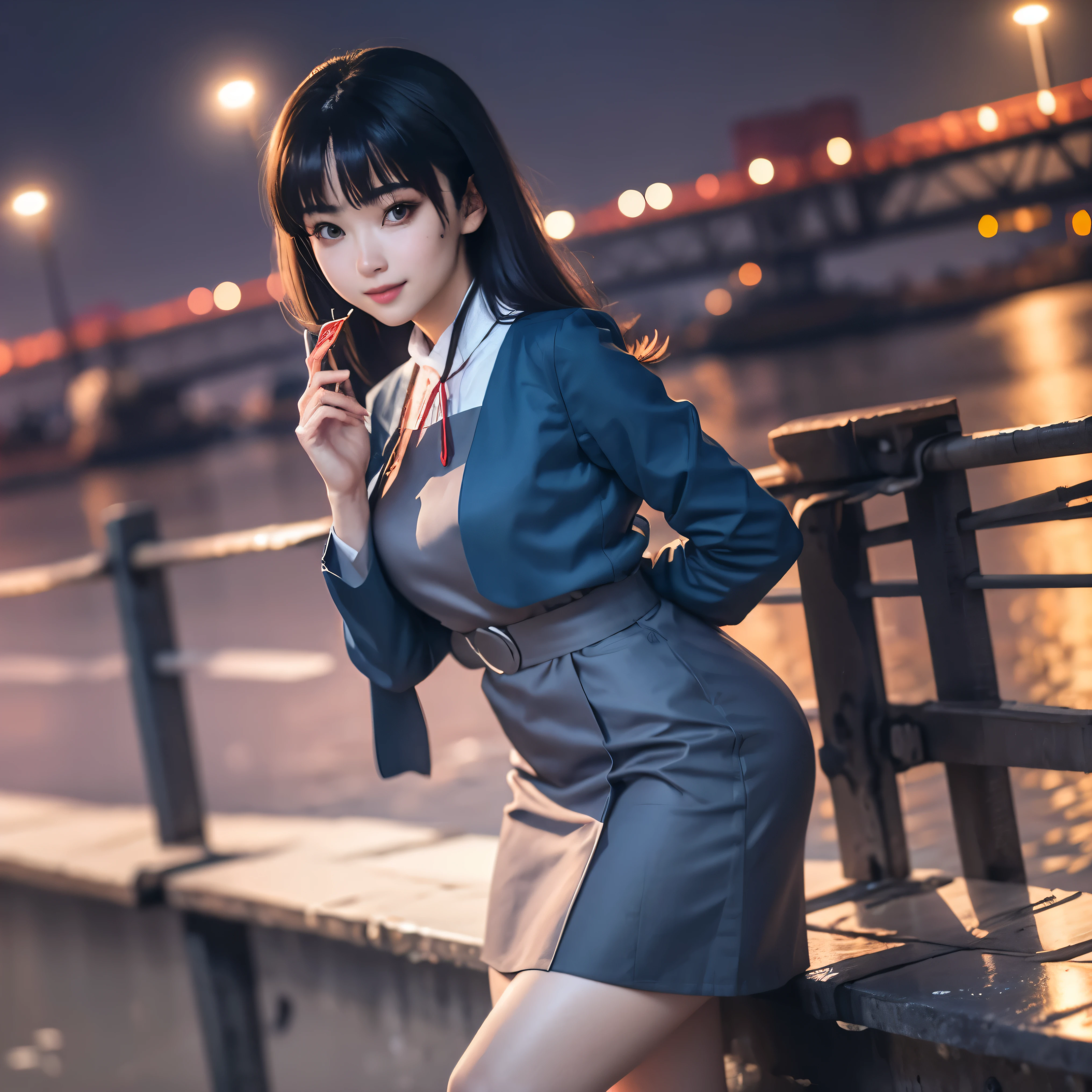 Generate a masterpiece, Tomie Kawakami from Juniji ito anime series, perfect face, beautiful  face, black long her, large eyes, Mole underneath her left eye, focus, standing on bridge, in black seller uniform , standing on bridge at night time, looking at viewers, seductive smirk like calling someone, night time bridge background