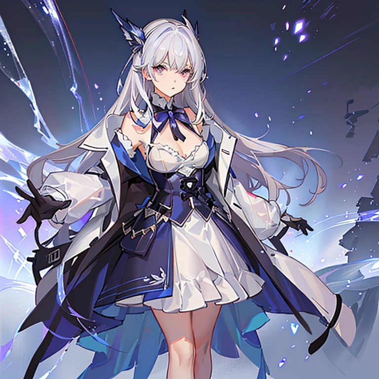 Girl with blue and white hair，Wear a thick white coat，Lingerie with large lapels，violet eyes，Industrial style clothing，From the first front，From the Ark of Tomorrow，Blue strap decoration，bust，Half-buttoned coat，Tung with high hair, gathered in the tail.，Small，Solo man，White coat with half buttons，mature girl