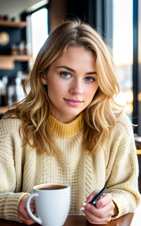 cute beautiful blonde wearing yellow sweater (drinking coffee inside a modern cafe at sunset), very detailed, 21 years old, inoccent face, natural wave hair, blue eyes, high-res, masterpiece, best quality,intricate details, highly detailed,sharp focus, det...