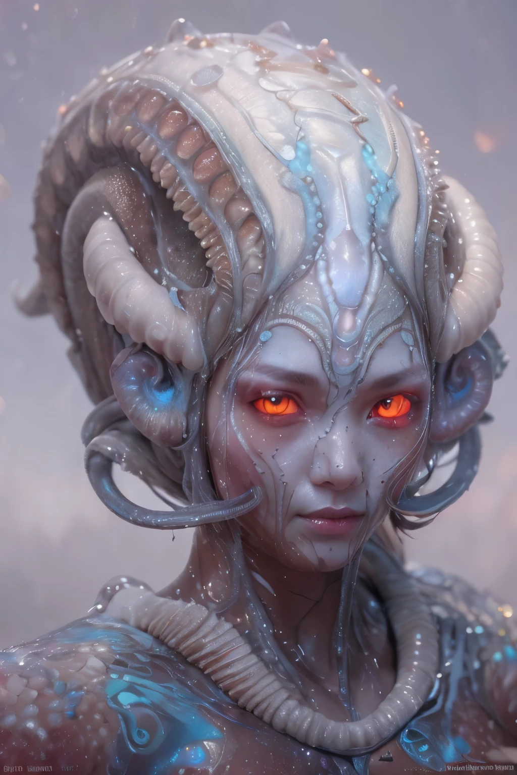 Portrait, (1 beautiful female alien:1.2),  (There is a female genital-like organ in the middle of the forehead:1.9), (The most beautiful face in the history of the universe:1.2), (Scarlet eyes that shine mysteriously:1.6), (Translucent skin:1.8), an evil gaze that seduces, (red eyes:1.5), (large mouth:1.1), sharp teeth like a shark, Full body like, (bio luminescent:1.2), (Smile wickedly:1.3),  (sexypose:1.5), alien, No humans, cells are fused, (Lots of translucent tentacles:1.1) (Translucent skin:1.3), extraterrestrial, cell, bio image, Best Quality, 8K,4K_quality, High Definition, Dramatic Lighting, masutepiece:1.5,cinematic quality, detail up, (Intricate details:1.2), High resolution, High Definition, drawing faithfully, (Thick eyebrows:1.2), Beautiful eyes with fine symmetry, (Ultra detailed eyes:1.2),(Highly detailed face and eyes:1.2), (High-resolution red-eye:1.4), Intimate face, (Super detailed skin quality feeling:1.4), Perfect Anatomy,  (Beautiful toned body:1.5),  (Moist skin:1.2), No makeup, (dark circles:1.1), long canines, cinematic drawing of characters, ultra high quality model, cinematic quality, detail up, (Intricate details:1.2), High resolution, High Definition, drawing faithfully, Official art, Unity 8K wall  , 8K Portrait, Best Quality, Very High resolution, ultra detailed artistic photography, midnight aura,  unreal enginee 5, Ultra Sharp Focus, art by alberto seveso, ArtGerm, Roisch, intricate artwork, best quality, masutepiece, ultra High resolution, (photos realistic:1.4), Ultra-realistic realism, dream-like,  nautilus, Creation of fantasy, Snail, Dream Snail,  (biopunk nautilus:1.3), Thrilling color schemes， Ultra-realistic realism， seductively smiling, Blue tentacles