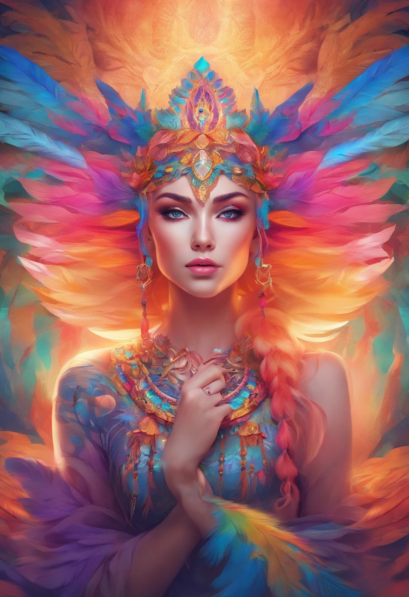 a woman with bright makeup and colorful hair with feathers on her head, vibrant digital painting, colorful digital painting, vibrant fantasy style, colorfull digital fantasy art, color photograph portrait 4k, symmetrical painted face, colorful photo, doja cat, vivid psychedelic colors, beautiful digital artwork, jen bartel, unreal engine : : rave makeup, vibrant fan art, 360 view, Fujifilm, Wide-Angle, first-person view, wide shot, viewfinder, polar opposites, rotational symmetry, projected inset, reflection light, optical illusion, UHD, masterpiece, textured skin, 8k