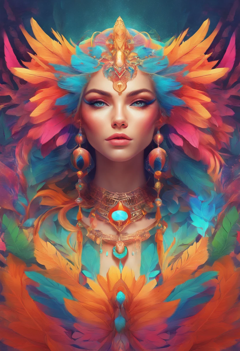 a woman with bright makeup and colorful hair with feathers on her head, vibrant digital painting, colorful digital painting, vibrant fantasy style, colorfull digital fantasy art, color photograph portrait 4k, symmetrical painted face, colorful photo, doja cat, vivid psychedelic colors, beautiful digital artwork, jen bartel, unreal engine : : rave makeup, vibrant fan art, 360 view, Fujifilm, Wide-Angle, first-person view, wide shot, viewfinder, polar opposites, rotational symmetry, projected inset, reflection light, optical illusion, UHD, masterpiece, textured skin, 8k