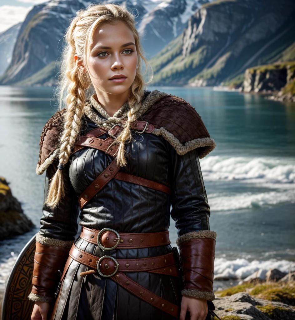 Masterpiece, 1girl, a beautiful 24 years old Norwegian girl, blonde hair, Athletic body, viking braided sidecut hair, (viking warrior costume:1.4), medium breasts, blue-grey eyes, high detailed eyes, very pale skin, screaming, insane details, realistic, detailed face, face paint, detailed skin texture, brutal, tough , determined, ultra high res.photorealistic:1.4, UHD, full body shot, beautiful Norwegian Fjord early morning the background, smooth lighting