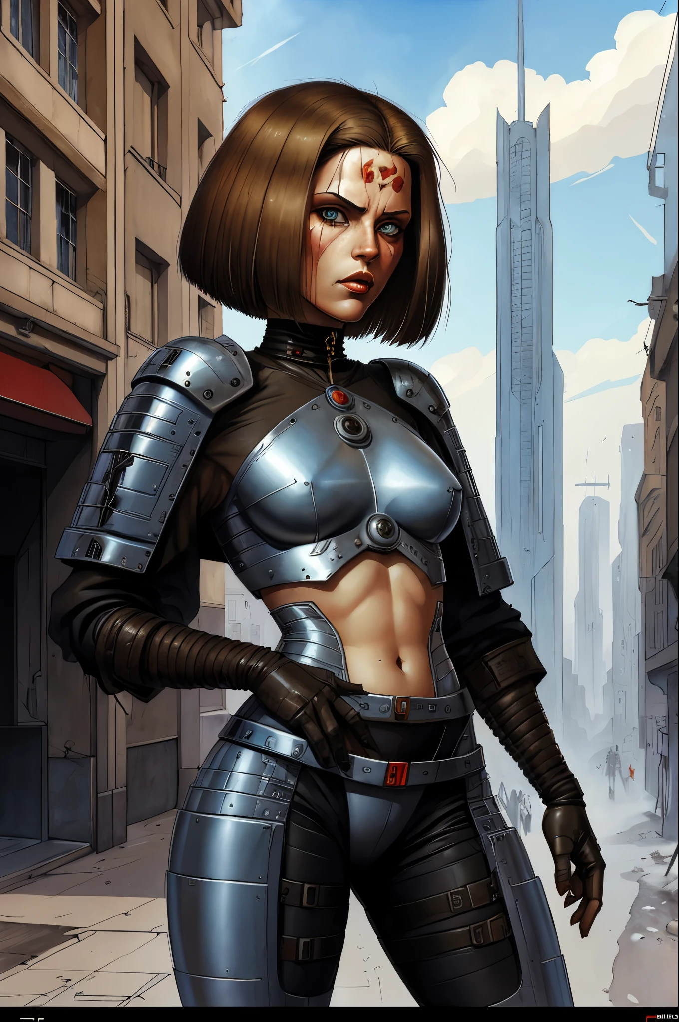 1 beautiful female, heavy metal ,   bobcut
fututristic, city street
enki bilal
realistic,