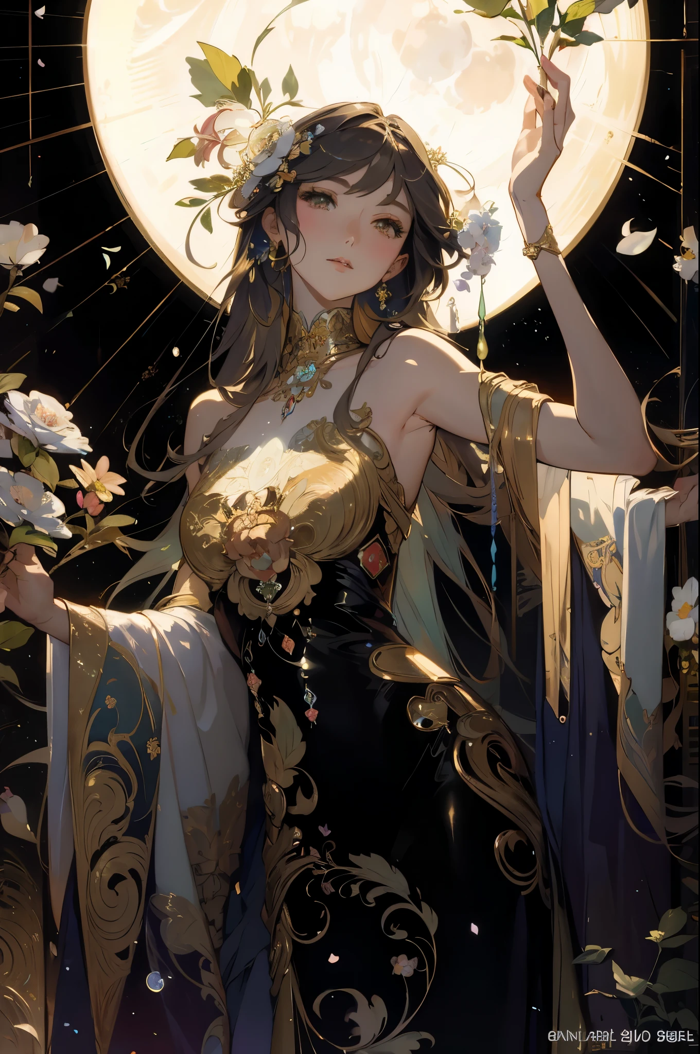 Close up portrait of woman holding flowers in her hands, Korean Art Nouveau Anime, Beautiful fantasy Empress Jan J drawn by Alphonse Mucha and Ross, anime goddess, goddess of the moon, anime fantasy illustration, a stunning portrait of a goddess, a beautiful fantasy empress, anime art nouveau cosmic display, beautiful anime artwork, beautiful anime art, goddess of the moon