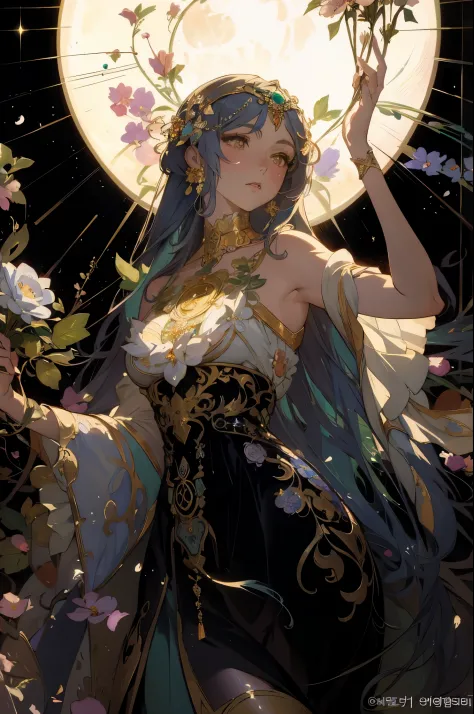 Close up portrait of woman holding flowers in her hands, Korean Art Nouveau Anime, Beautiful fantasy Empress Jan J drawn by Alph...