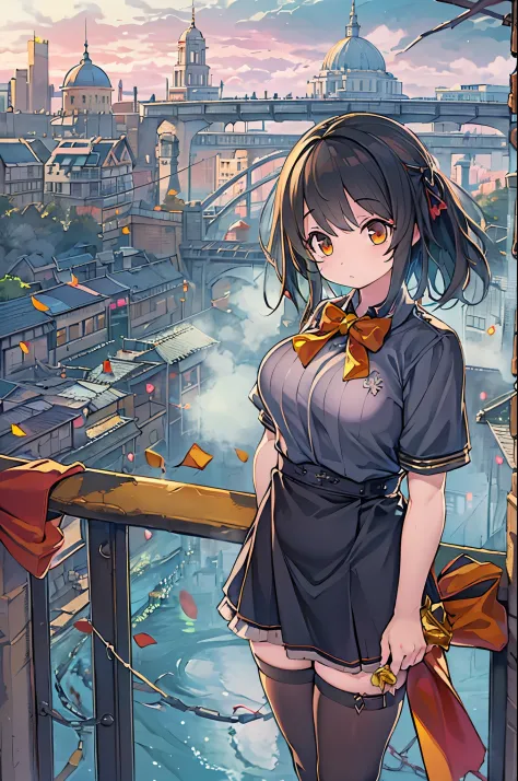 1girl in,Bangs,Black_hair,Blue_skyporn,Bridge,building,castle,city,cityscape,cloud,day,Dress,up looking_で_viewer,Outdoors,Red_ne...