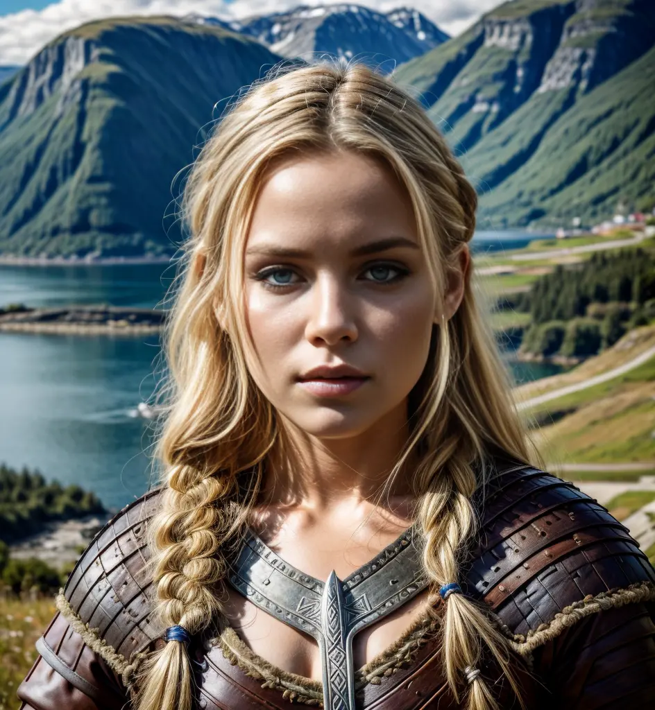 Masterpiece, 1girl, a beautiful 24 years old Norwegian girl, blonde hair, Athletic body, viking braided sidecut hair, (viking wa...