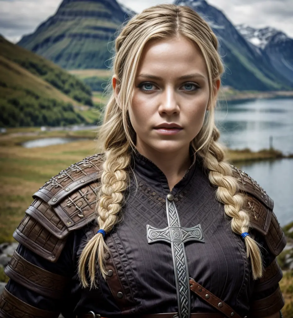 Masterpiece, 1girl, a beautiful 24 years old Norwegian girl, blonde hair, Athletic body, viking braided sidecut hair, (viking wa...