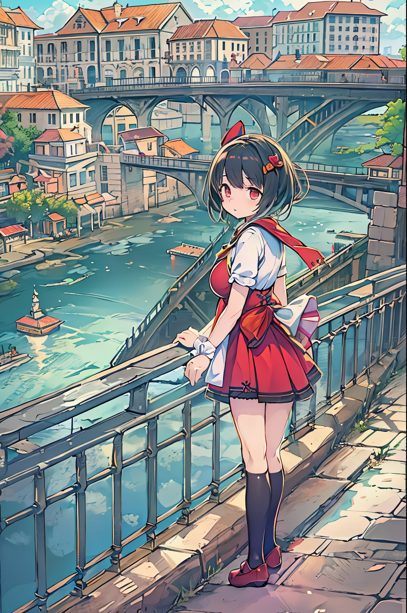 1girl in,Bangs,Black_hair,Blue_skyporn,Bridge,building,castle,city,cityscape,cloud,day,Dress,up looking_で_viewer,Outdoors,Red_neckwear,Red_bow ribbon,bow ribbon,River,Short_hair,Short_sleeves,skyporn,skypornscraper,Solo,Standing,Town,Let's see,(masutepiece,Anime,newest,new,exceptional:1.2),huge-breasted