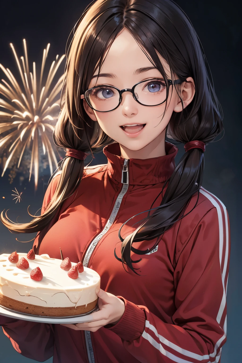 (masterpiece), (best quality), high resolution, ultra detail, photorealistic, 8K, intricate face, detailed body, detailed face, beautiful, 
BREAK
low twintails, black long hair, Forehead, (wearing red Sweatsuit1.4),(wearing glasses), 
BREAK
setting off fireworks, happy smile, open mouth, holding whole cake
