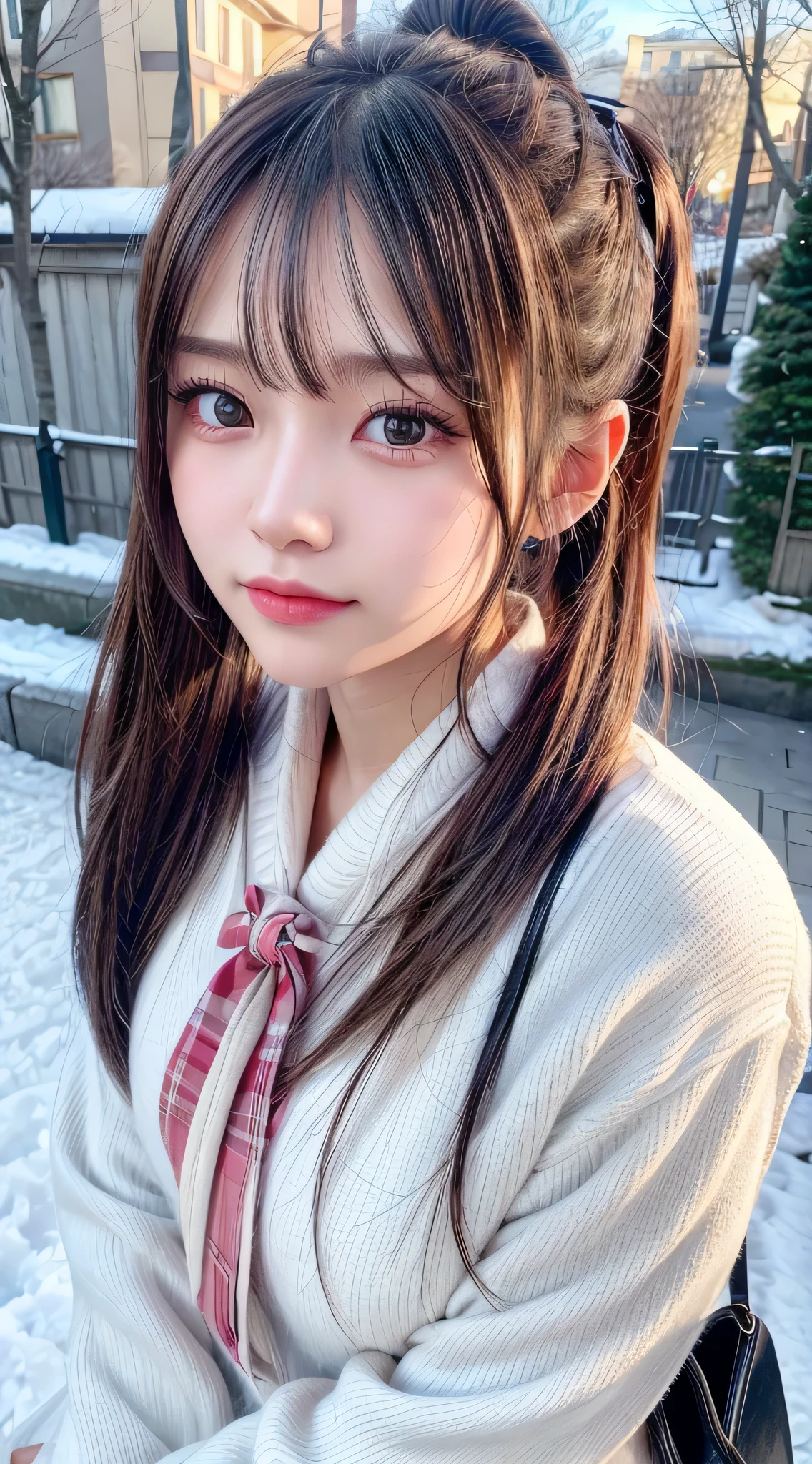 blushed face,long hair ponytail,big ribbon in her hair,(8K, Raw photo, Best Quality, masutepiece:1.2), (Realistic, Photorealsitic:1.4), (Very detailed 8k wallpaper), Sharp Focus, depth of fields, Cinematic lighting, Soft light, Detailed Beauty Eye,Shiny and smooth light brown ponytail, asymmetrical bangs, Shiny skin, super detailed skin ,High resolution, high detailing, detailed hairstyle, Detailed beauty face, Hyper realistic, Perfect limbs, Perfect Anatomy ,1 japanese girl,famous Japan idol, Perfect female body,Smile,short eyelashes,double-edged eyelid,Look straight here,Hairstyle is ponytail,Wear a ribbon, s Office,Long ponytail hairstyle,Wearing scrunchies,So that the whole body is shown,wearing a long coat,the street,stand straight and pose,So that the whole body is shown,Winters,warm clothes,Look straight at me,wearing a scarf,It's snowing,wear a black long-sleeved coat,Old townscape of Europe,cobblestone road,European churches can be seen in the background，Close-up on the face