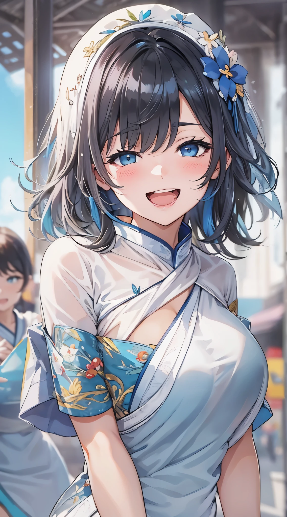 1womanl,Black hair,14years ,(()),Beautiful breasts,(((sexy white and blue shiny cheongsam)))(())(((Blushing cheeks、Smile with open mouth)),(((Satin Narico))),((( portlate))),Crowds,white and blue cheongsam