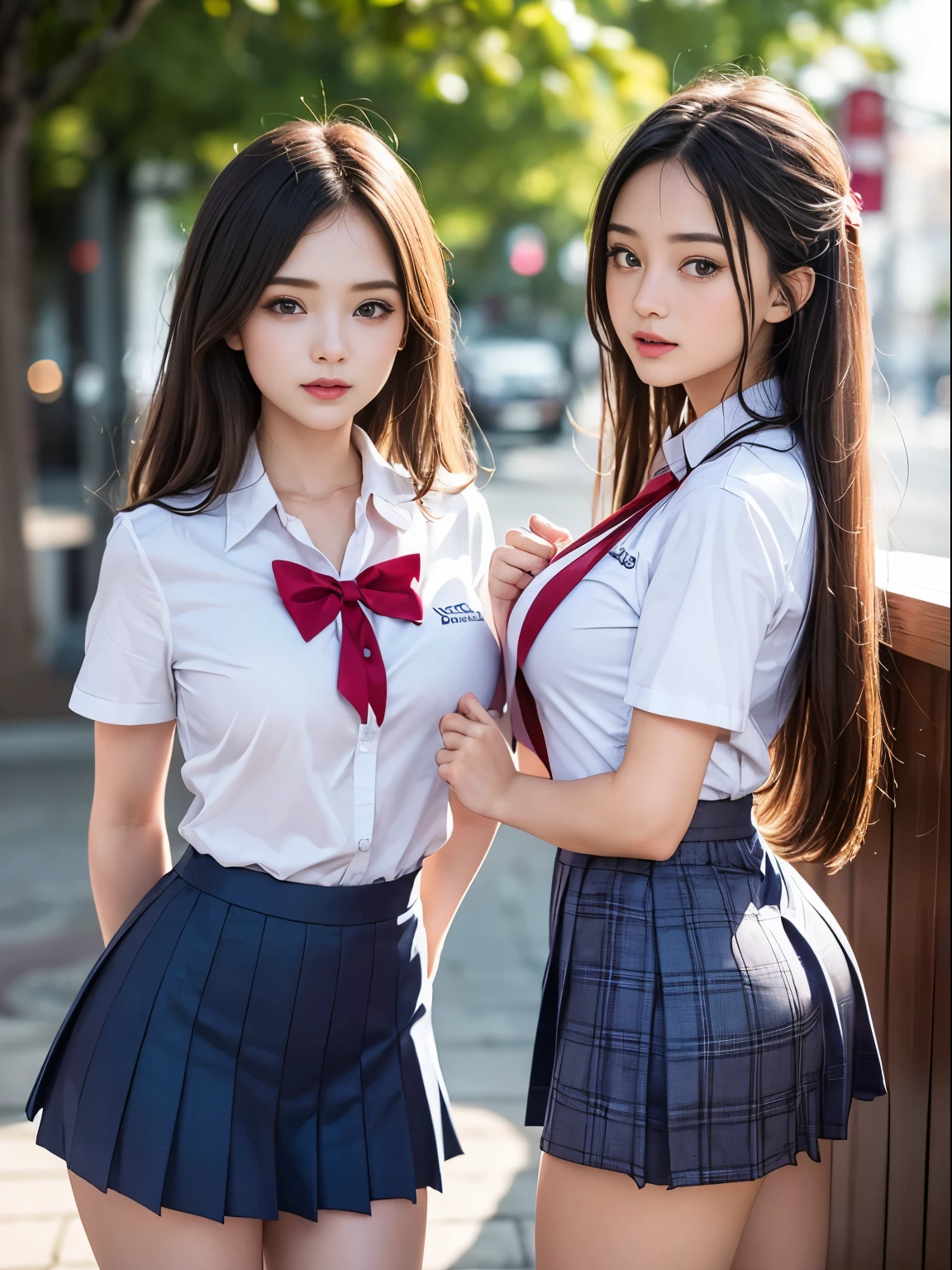 (2 young girls beautiful girls with beautiful details, RAW photogr, (Best quality at best:1.2), 8K, high detal, A high resolution, with the highest quality, HD RAW color photos, professional photoshooting, (delicated face:1.2), (Open chest high school uniform:1.5), pleatedskirt, Indoors, ‎Classroom, desks, a chair, sitted, (with her mouth open), (legs are open), (:1.3), (((bokeh))), depth of fields,