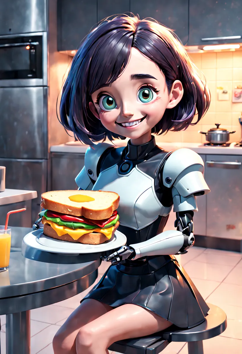 a robot butler named rosie offers a grilled cheese sandwich to a little seated at the kitchen island. rosie is designed to look ...