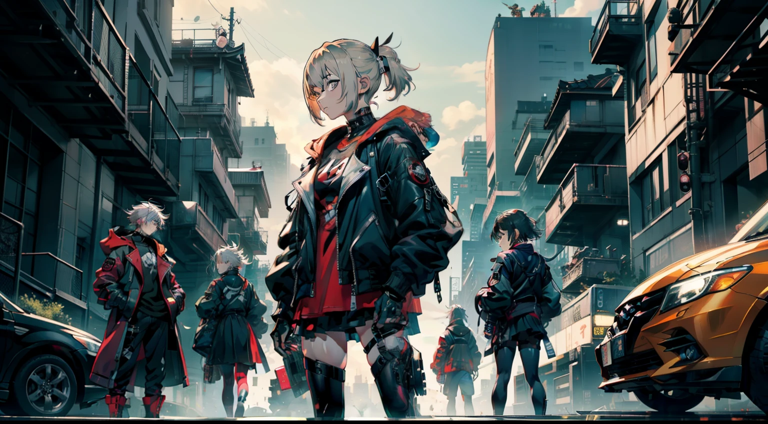 cyberpunk、fille avec、mécanicien、comique、Style animé、Cheveux gris et foncés、veste de cavalier、coloration punk、ville、ナイトville、groupe、combattant de rue、gladiateur