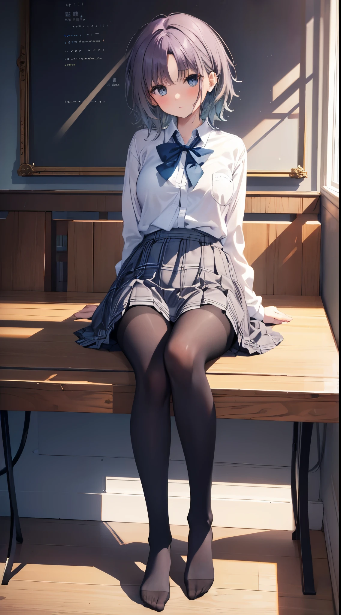 Finest, masterpiece, high definition, (full body), frontal, symmetrical, mature high school girl, solo, (full body from head to toe), small breasts, long hair, slightly messy hair, (black tights), ( (black pantyhose), black pantyhose, (composition where she is made to sit and lift her legs and make her legs open), (bound arms, arms behind back), composition showing white panties, slender beautiful legs, a very beautiful 17-year-old girl (not wearing shoes) legs), blushing, shy big eyes, messy hair, looking at camera, showing white panties, white frilly lingerie, high school uniform blazer, high school uniform White blouse, high school uniform with blue ribbon, high school uniform with short plaid pattern and navy pleated skirt, Toru Asakura