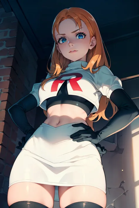 annette_war ,glossy lips, light makeup ,team rocket,team rocket uniform, red letter R, white skirt,white crop top,black thigh-high boots, black elbow gloves, sinister villianess look, looking down on viewer, hands on hips