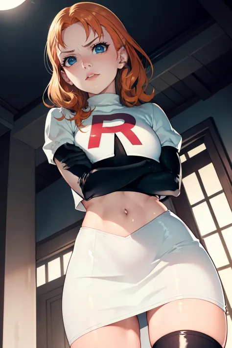 annette_war ,glossy lips, light makeup ,team rocket,team rocket uniform, red letter R, white skirt,white crop top,black thigh-high boots, black elbow gloves, sinister villianess look, looking down on viewer, arms folded