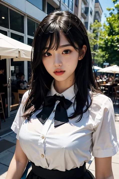 (Original photography、best qualityer)、(of a real、フォトリアリスティック:1.2)、Close-up portrait photography、A 1 girl、Rooftop cafe in shopping mall、En plein air、Cool face、(highdetailskin:1.4)、ornate hair、Black hair with air bangs、White transparent shirt and bow tie、Bri...