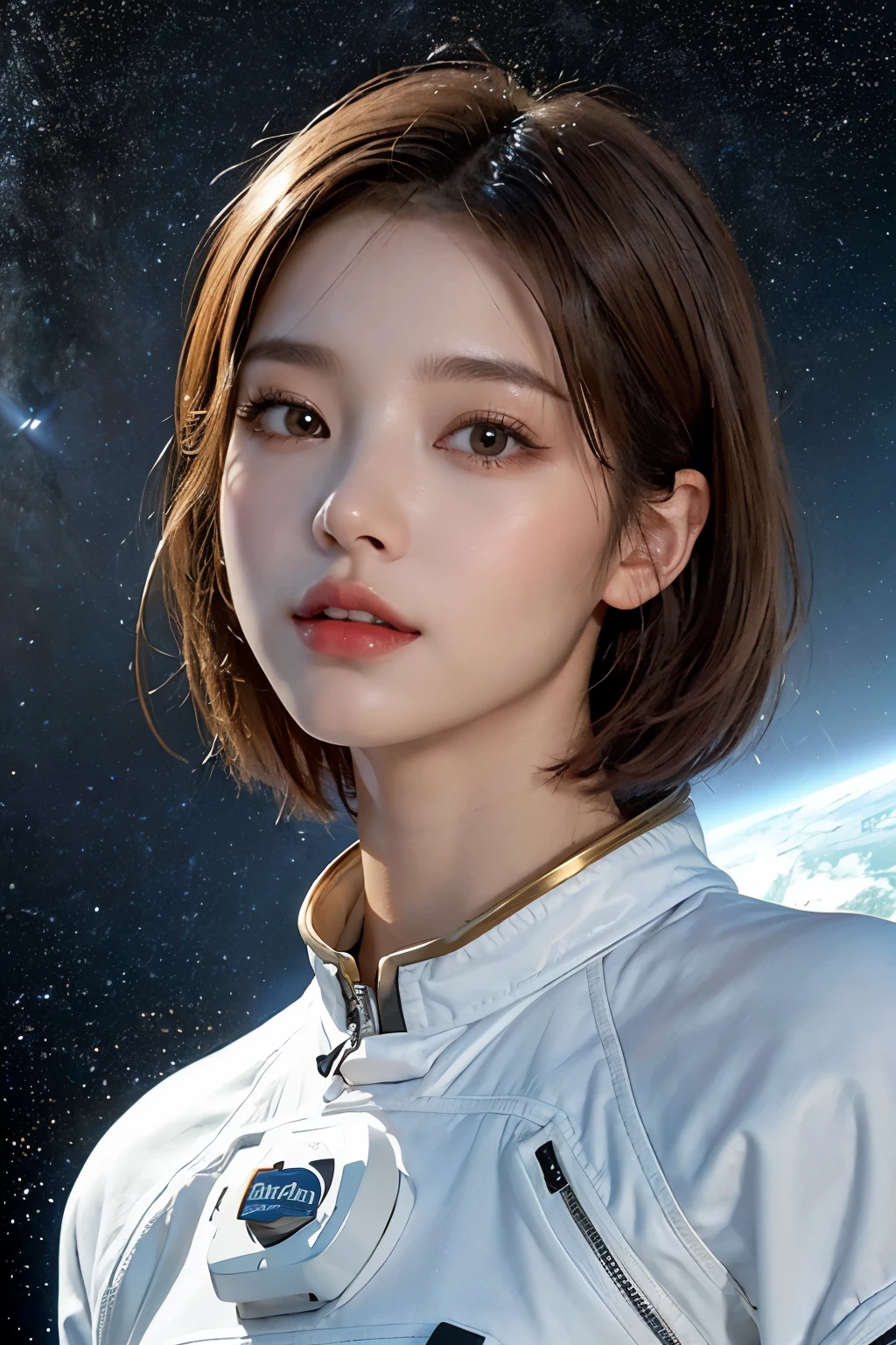 top-quality、​masterpiece、超A high resolution、(realisitic:1.4)、Beautuful Women１、Beautiful detail eyes and skin、ssmile、Light brown short-cut hair、The perfect spacesuit、cosmic space、spaceships、santa hat、