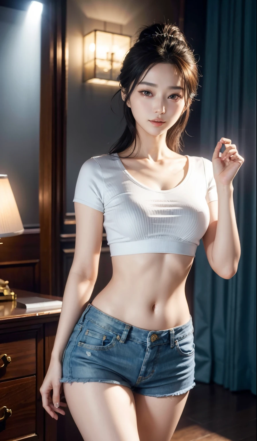 8K, tmasterpiece, RAW photogr, Best quality at best, realisticlying, Extremely detailed CG unified 8K, 8K, diamond, and wallpapers, depth of fields, 电影灯光, lens flare glow, Ray traching, (Extremely beautiful face, beautifullips, pretty eyes), Intricately detailed face, ((Ultra-delicate skin)) 1 girl, Beautiful Korean girl, K-pop idol,1 girl， ultra - detailed， hyper realisitc， Very detailed CG illustration， offcial art， 电影灯光， actual， Young and beautiful girl， perfect body figure， perfect body figure， full pov， perfect bodies， （Starting below：1.3）， 的lewd poses，（巨bigger山雀：1.0）， long sexy legs， （thigh gap：1.5），Wide hips，Self-confident， Beautiful Sexy， white short sleeve， Open the abdomen， bigger, lightweight denim shorts， S-shaped body， hip is cocked，placed in a，lewd poses，Different Perspectives，looking at viewert， (pale-skinned), (largeeyes),（ssmile：0.8），Turn Back, rear projection,