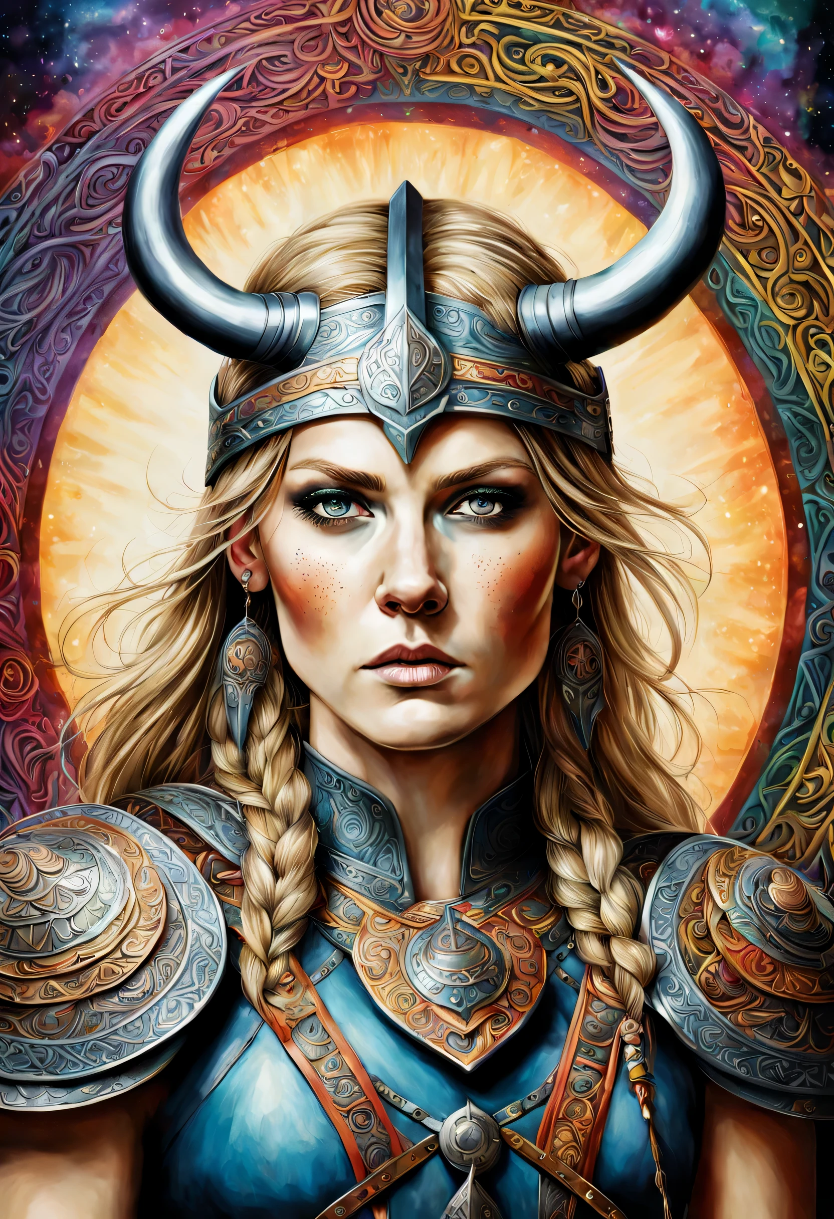 En un estilo psicodélico, espolvoreado y multicolor, un magnífico y detallado retrato realista de una guerrera vikinga.