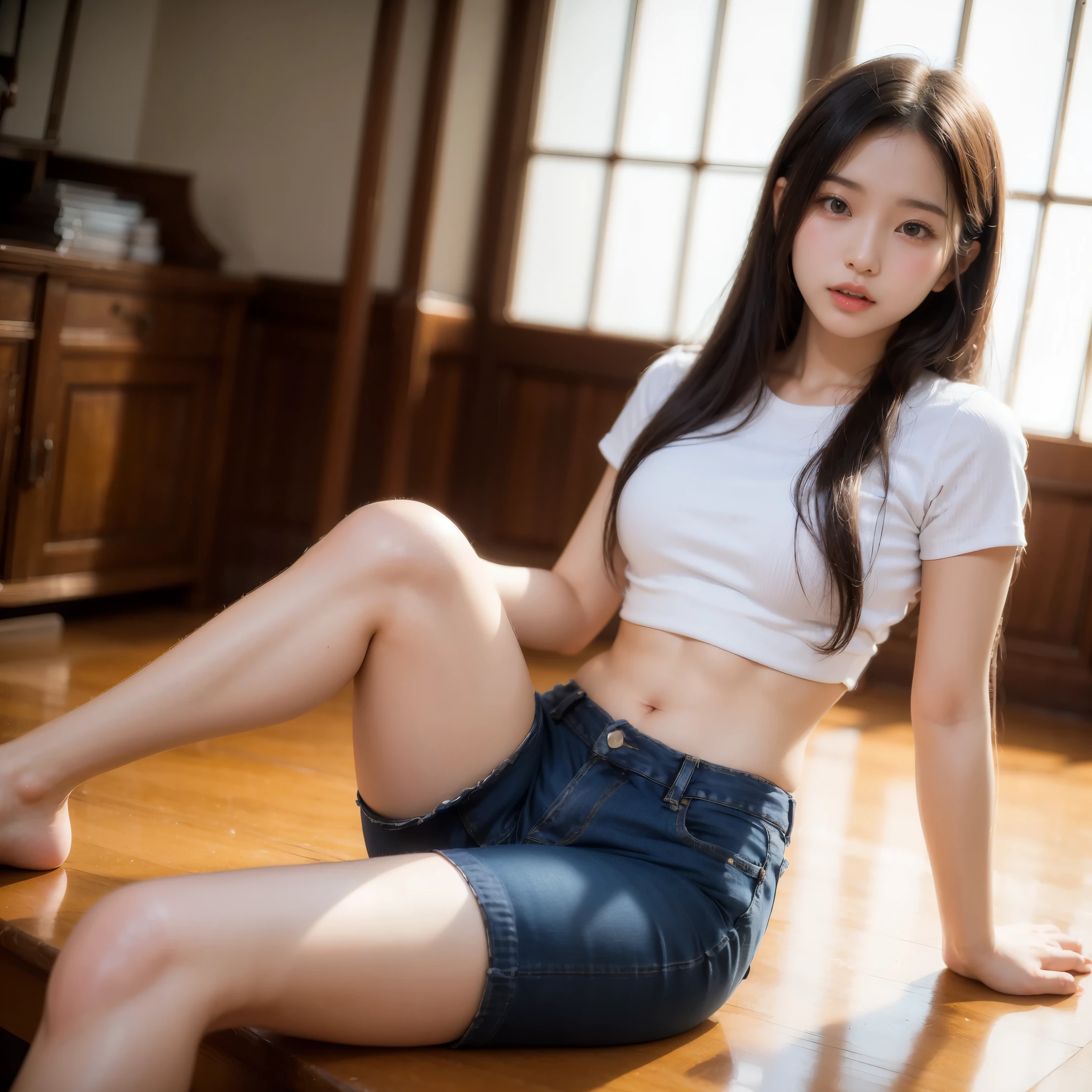 Arafed asian woman sitting on the floor in a white shirt - SeaArt AI