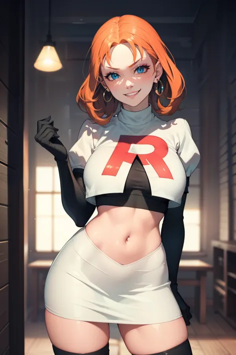 annette_war ,glossy lips, light makeup, eye shadow, earrings ,team rocket,team rocket uniform, red letter R, white skirt,white crop top,black thigh-high boots, black elbow gloves, evil smile, sexy pose