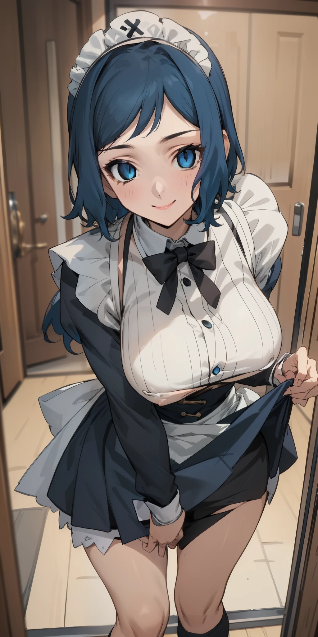 (Masterpiece),Best Quality, ultra-detailed, perfect hands, Delicate eye expression, 1girl (rinko_iori, Sexy, A voluptuous and sexy body, huge breasts,  naked body, dark blue hair,  long hair, blue eyes (empty eye)),closed mouth, Solo, nude,  maid (black, miniskirt),maid headdress, skirt lift, in front of the bedroom door, standing, Rinko is lifting her skirt in front of the man sitting in front of her.. Sexy waist teasing, wicked smile,pussy,  cumdrip from her pussy , Viewer looking up from below