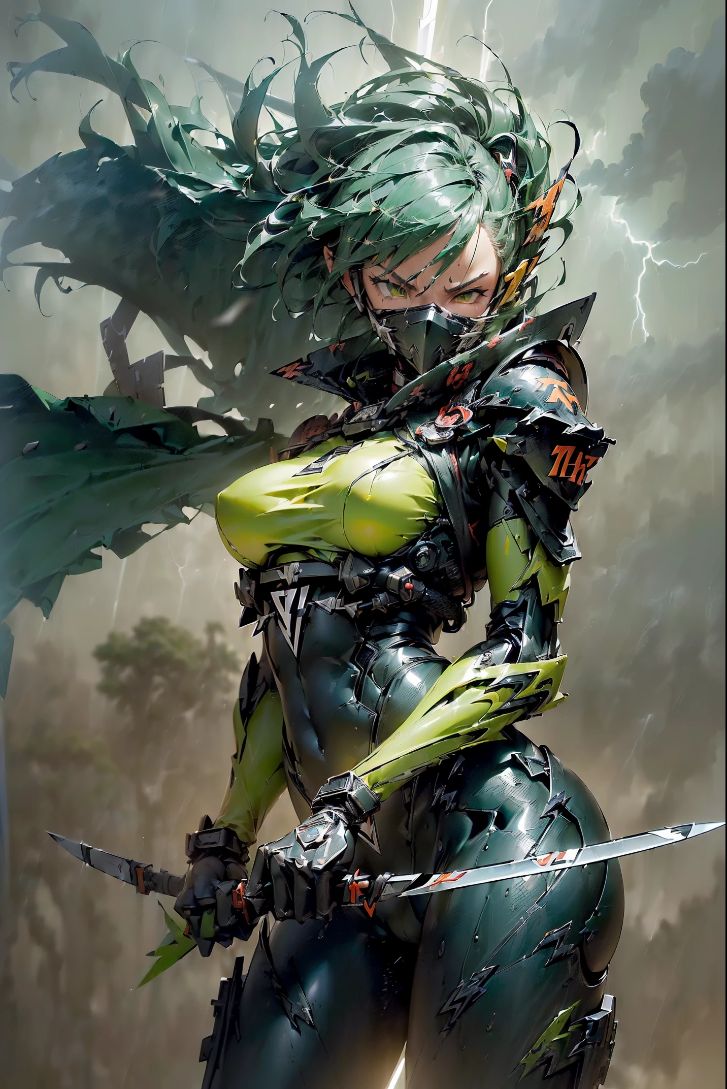 woman wearing ninja armor,(((He holds a kunai tinged with wind in his right hand.:1.3))),(((He holds a kunai charged with lightning in his left hand.:1.3))),(tactical open face mask:1.3),(green and yellow body:1.5),(sensually:1.4),(large full breasts:1.3),(long legged:1.1),(A detailed eye:1.3),(A detailed face:1.3),(Detailed weapons:1.3),(Detailed body:1.3),(full bodyesbian:1.5),((The background is thunder and wind:1.5)),((blur backgroun:1.3)),lifelike,(((masutepiece,Extremely detailed, Heavy mechs, hard surface)))