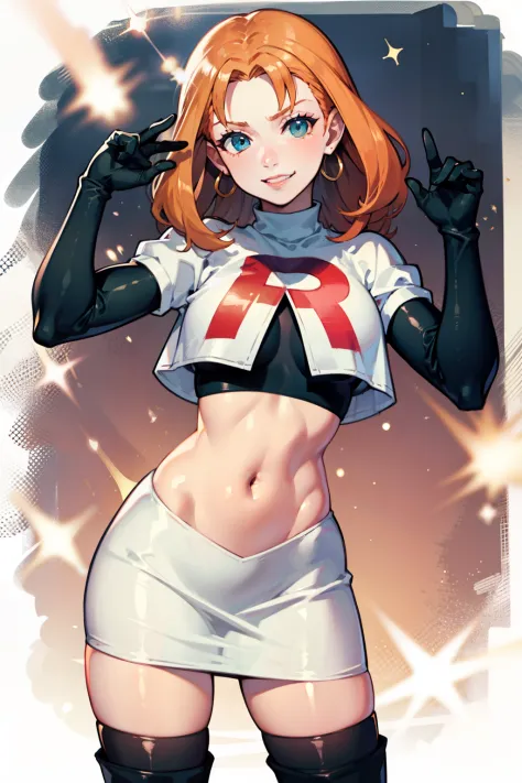 annette_war ,glossy lips, light makeup, eye shadow,  earrings ,team rocket,team rocket uniform, red letter R, white skirt,white crop top,black thigh-high boots, black elbow gloves, evil smile, sexy pose