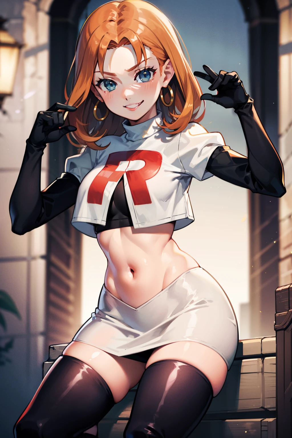 annette_war ,glossy lips, light makeup, eye shadow,  earrings ,team rocket,team rocket uniform, red letter R, white skirt,white crop top,black thigh-high boots, black elbow gloves, evil smile, sexy pose