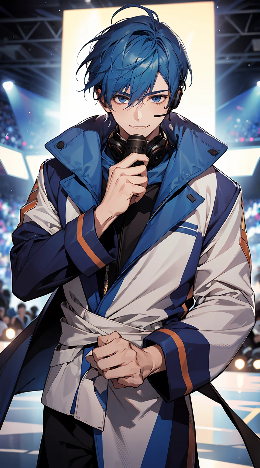 1boy,solo, male photo, ((wrapped in a blue muffler)),smile,enjoying,wear headsets,short hair, blue hair, volcalist,concert,crowd,best quality, masterpiece,ultra detailed