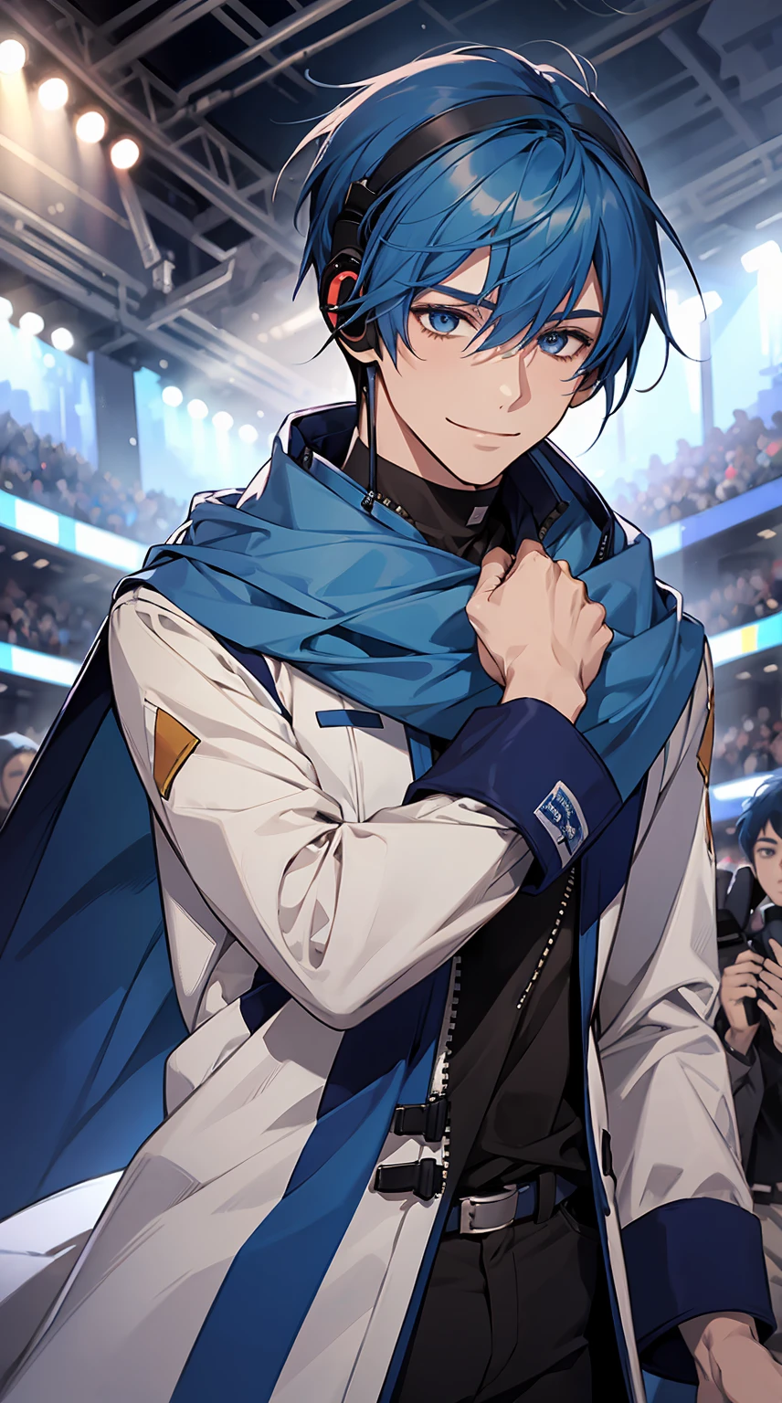 1boy,solo, male photo, ((wrapped in a blue muffler)),smile,enjoying,wear headsets,short hair, blue hair, volcalist,concert,crowd,best quality, masterpiece,ultra detailed