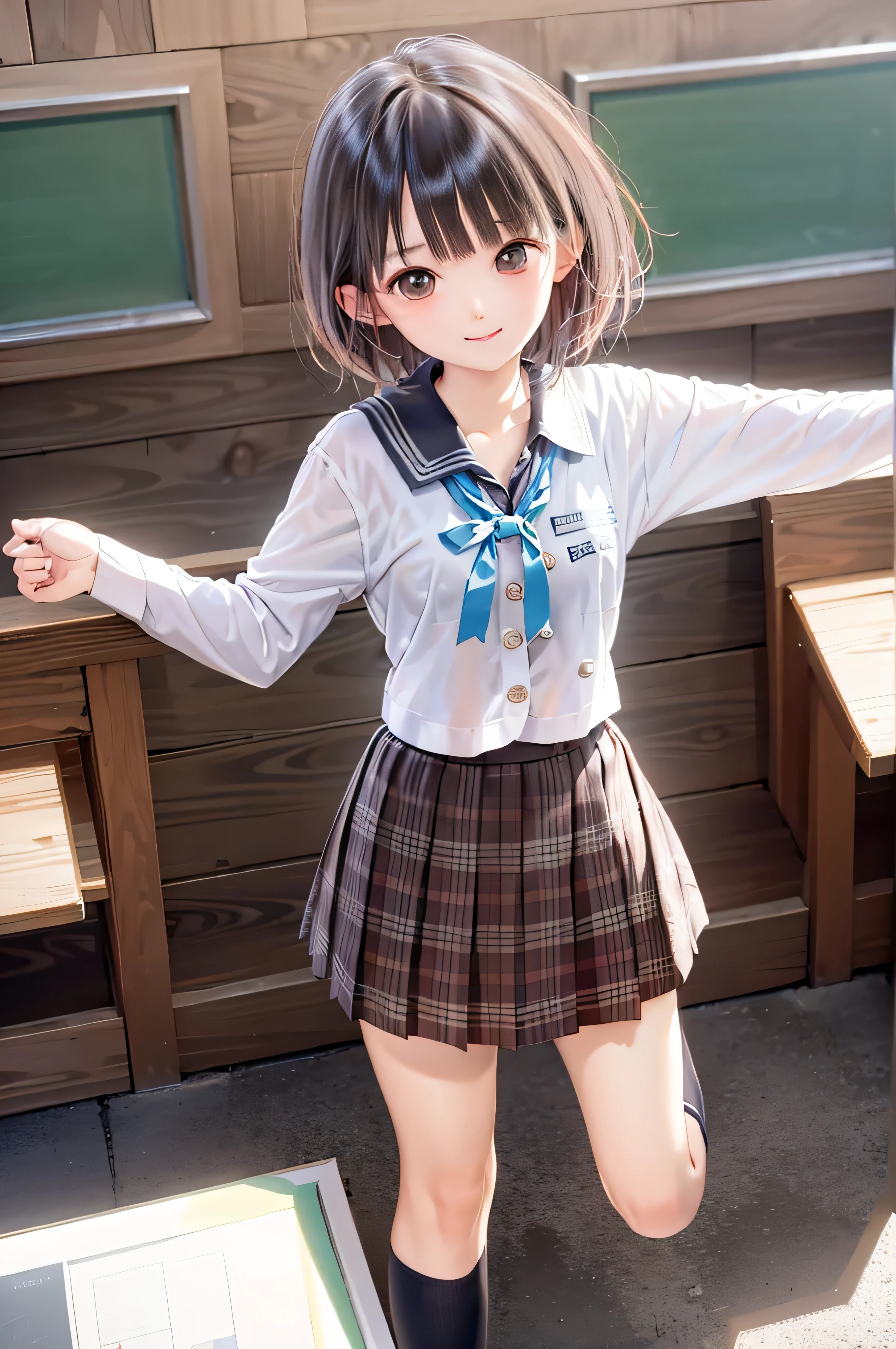 15yo student、brown haired、beautidful eyes、real looking skin、hi-school girl、small 、(8K、​masterpiece)、(reallistic、フォトreallistic)、top-quality、ighly detailed、The ultra-detailliert、Beautie、cute little、japanes、A smile、Close-up portrait、Healthy face、、plaid skirts、‎Classroom、Schools、